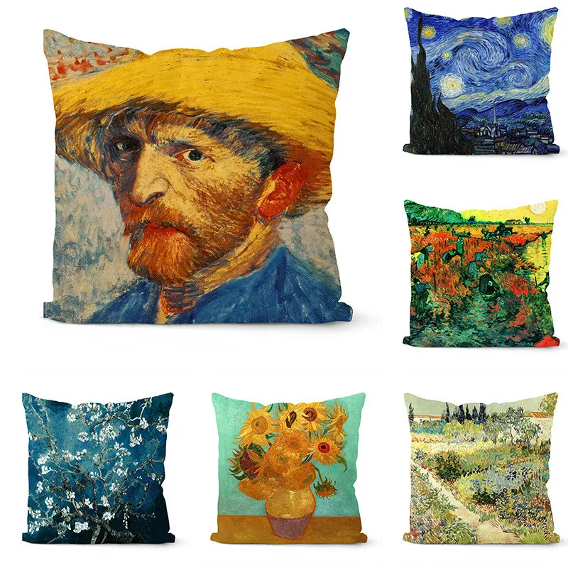 1 Db Van Gogh Olaj önarckép Csillagos Ég Nyomtatás Párnahuzat Festmény párnahuzat Kanapé Haza Dekoratív Párna, Takaró Napraforgó
