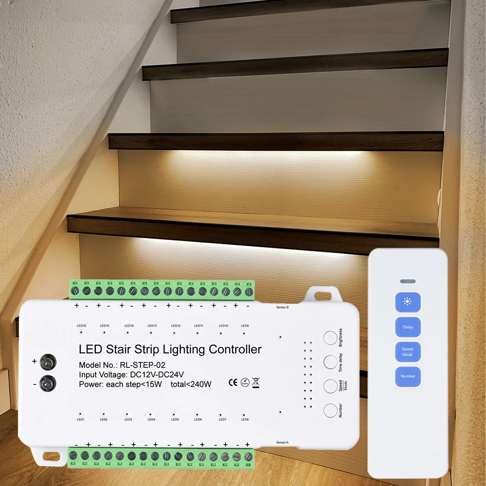 16 Lépéseket Dual PIR Mozgásérzékelő Lépcső LED Világítás Vezérlő LED Szalag a RF Távvezérlő multi módok