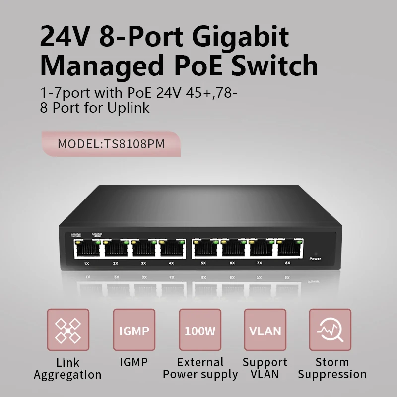 24V-os 8-Port gigabit sikerült PoE Switch, 24v Nem szabványos POE WEB Management kapcsoló