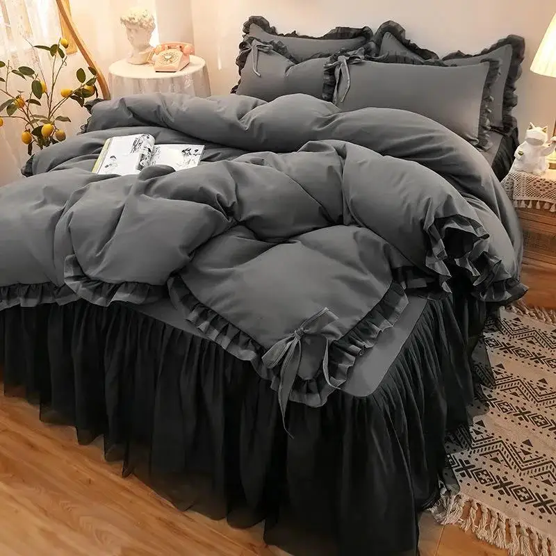 4 db lepedő takaró fedél párnahuzat koreai verzió megvastagodott matt csúszásmentes ágytakaró Csipke Fodros három darab Hercegnő ágy