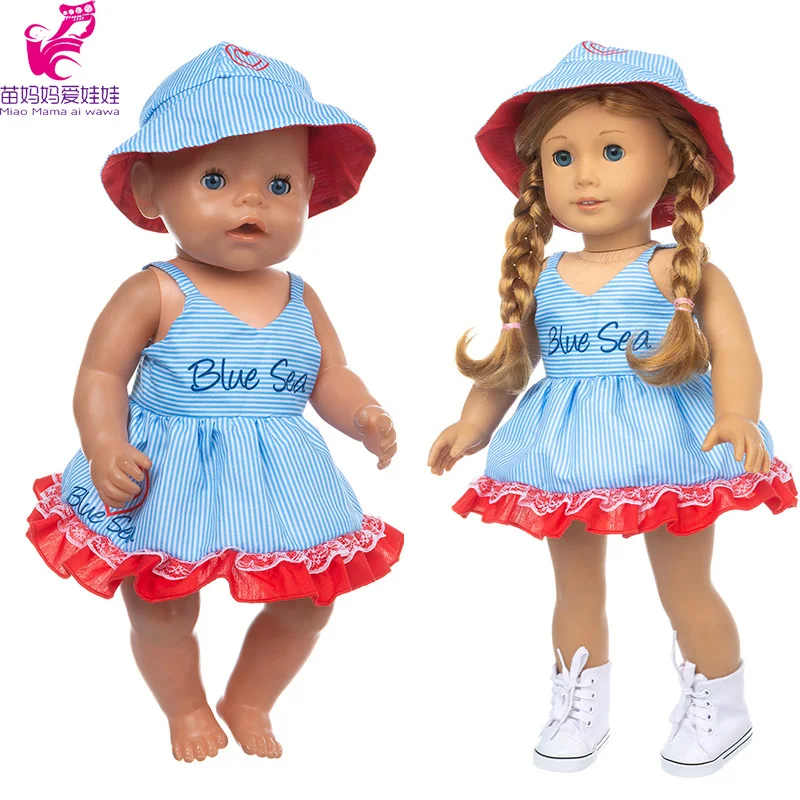 43 cm-es baba ruha ruha sapka szett 40cm Nenuco Ropa y su Hermanita 18 cm-es baba kék csíkkal, csipkés ruha