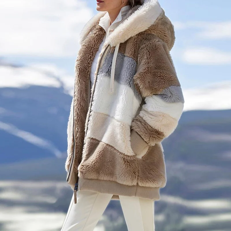 A Nők Télen Meleg Parka Kabát Alkalmi Outwear Műszőrme Cipzár Patchwork Kapucnis Dzseki, Kabát Laza Zubbonyok