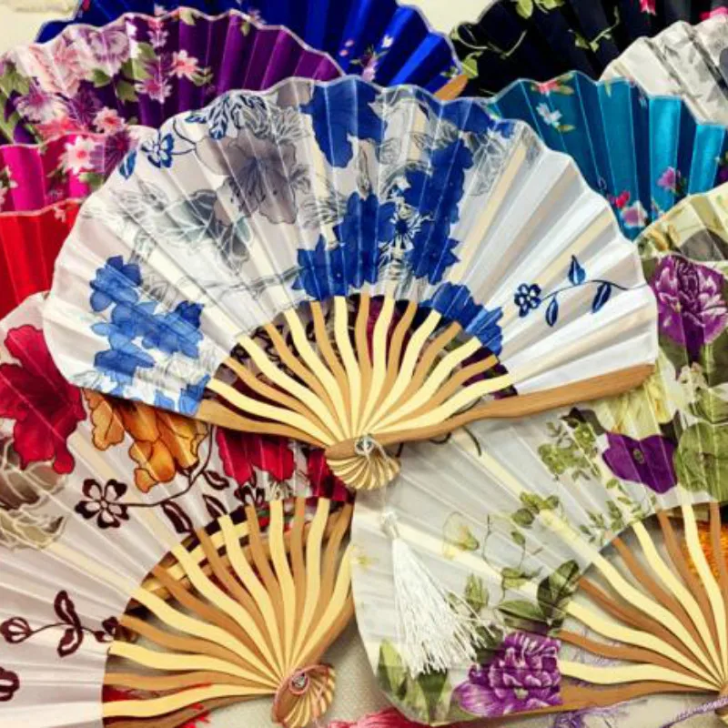 Festett Selyem több színű virág japán kezét rajongó eventail egy fő rajongó abanico legyező fa Bambusz esküvői tánc