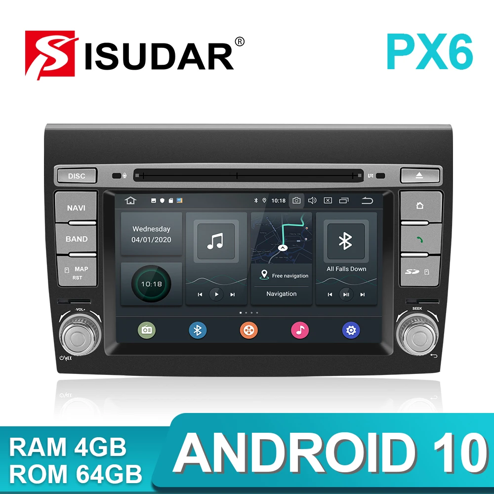 Isudar PX6 2 Din Android 10 Autó Multimédia lejátszó-Fiat Bravo 2007 2008 2009 2010 2011 2012 DVD Automatikus GPS-Rádió, 4 GB RAM DSP