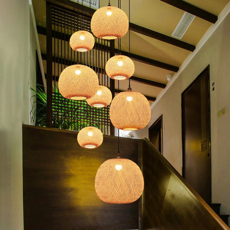 Kínai étterem Lámpa csillár bambusz szőtt lámpa Tea Szoba Zen lépcsőház világos, nagy nappali labdát szépségszalon lámpa