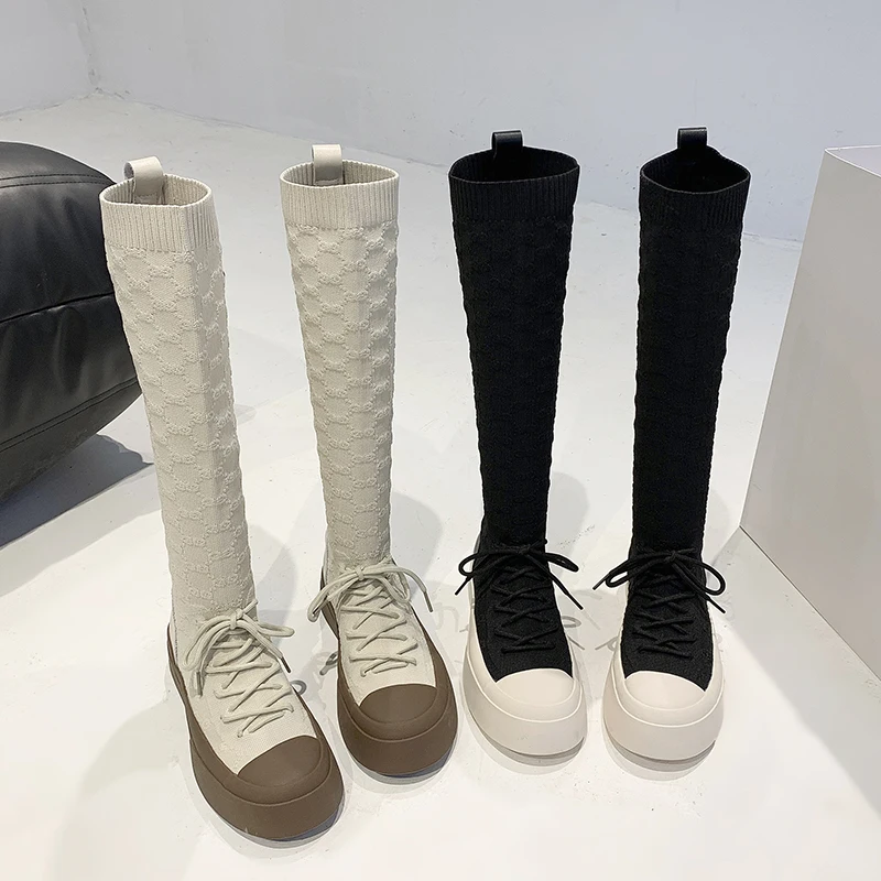 Kötött Szakaszon Mutatják, Vékony, Hosszú Csizma Női Őszi 2021 Vastag talpú Retro Lace-up Platform Csizma térdig Boot Szabadidő Cipő