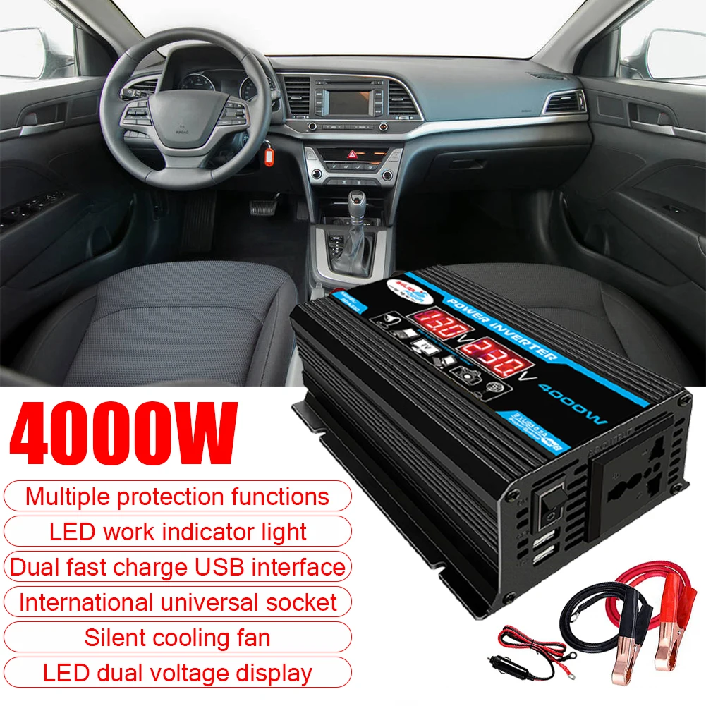 LCD Kijelző Autó elektromos Átalakító Inverter Töltő 4000W 12V, Hogy 220V / 110V Dual USB feszültségváltó Módosított Szinusz Hullám Autó AC