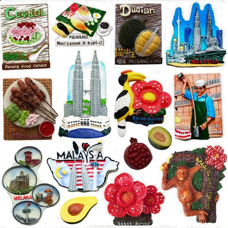 Malajzia ikertornyok Sabah Majom Penang Virág-Gyümölcs 3D hűtőmágnes Turisztikai Ajándéktárgyak Hűtőszekrény Mágneses Matrica Ajándék