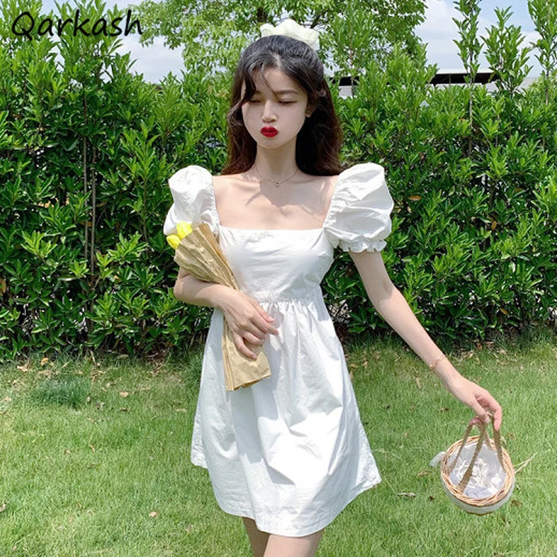 Ruha Nők Tér Gallér Elegáns egyszínű Puff Ujjú koreai Stílus Kedves Lányok Fél Minden mérkőzés Aranyos Backless Design Hercegnő